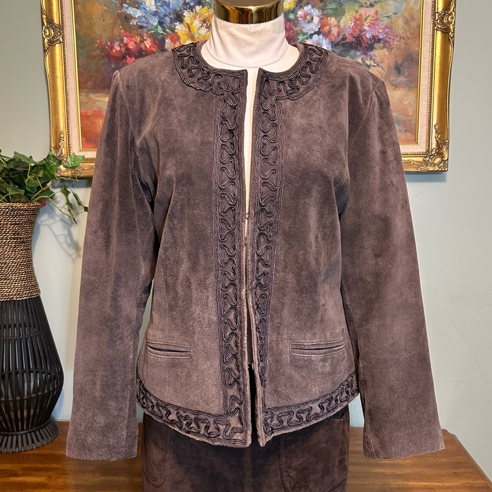 Chico’s Dark Brown Suede Leather Embellished Jacket